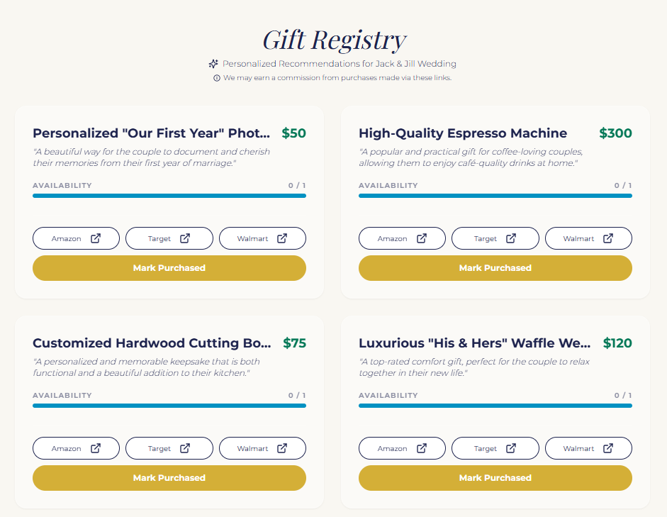 Automatic or Host Managed Gift Registry