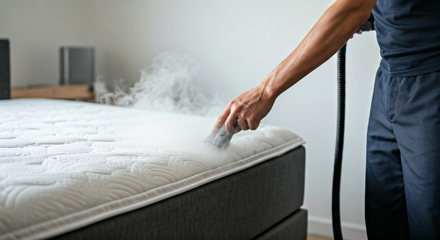 A person using a handheld steam cleaner on a mattress, with visible steam, emphasizing cleanliness and hygiene.