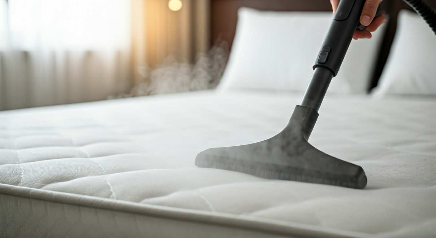 A handheld steam cleaner applies a gentle mist to a white mattress surface, sanitizing and cleaning. Steam is visibly emanating from the tool.