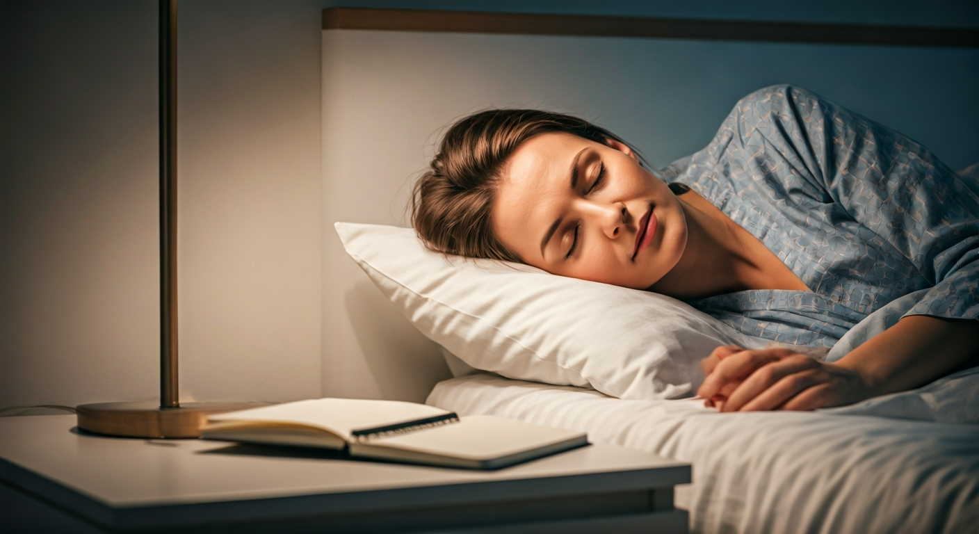 A person with closed eyes lies peacefully in a dim, cozy bedroom, a journal and pen on the nightstand, symbolizing a clear and calm mind before sleep.