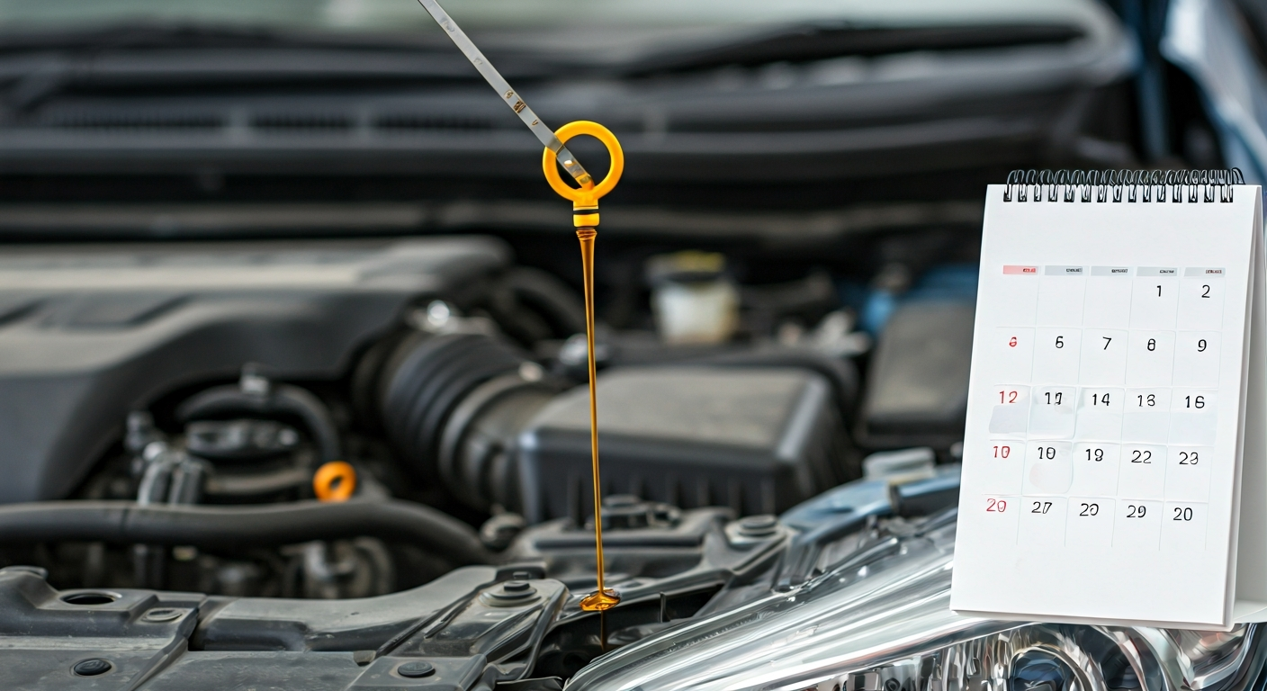 Hand pulling an engine oil dipstick, displaying clean amber oil, with a calendar and tools in a car engine bay.
