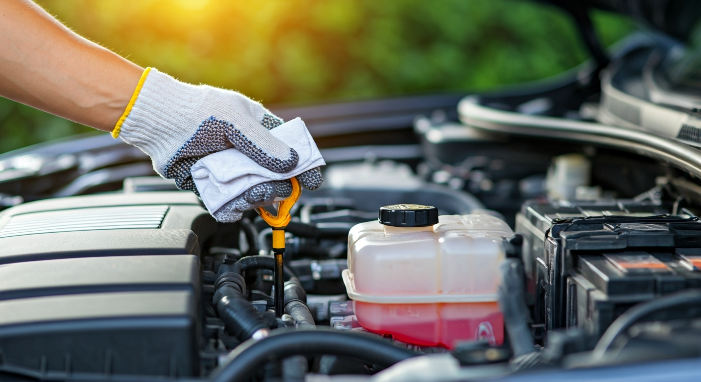Hands checking power steering fluid level using a dipstick in a car's engine bay.