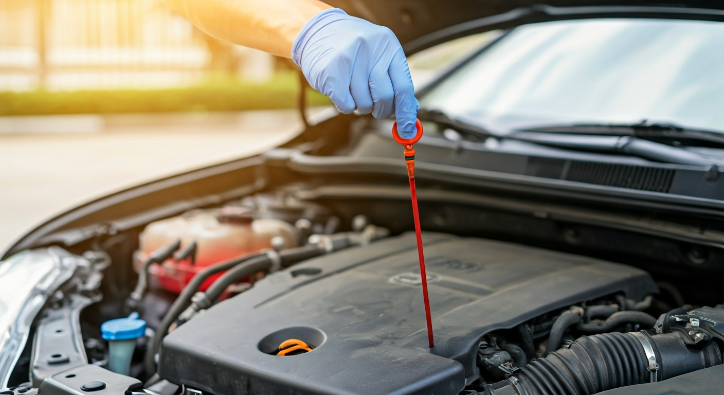 A person in blue gloves checks a car's transmission fluid using a red dipstick, showing bright fluid against an open engine bay.