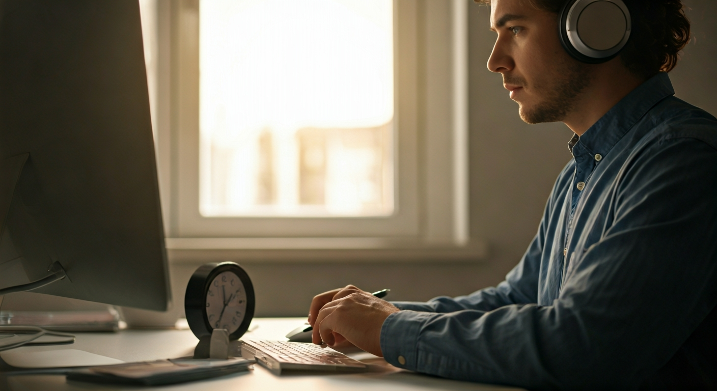 A person focused at a clean desk, wearing headphones, using a timer for a work session.