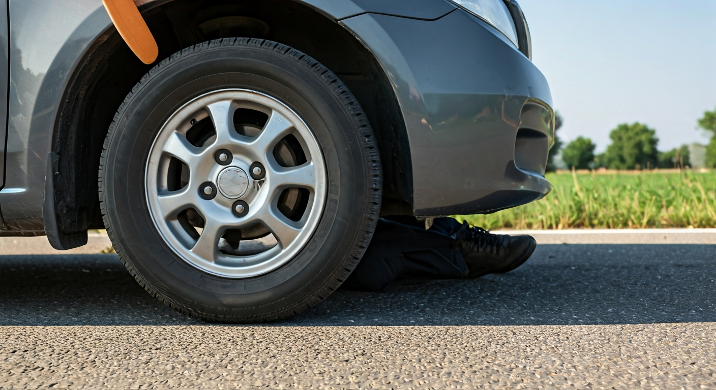 A person kneeling beside a car, skillfully replacing a flat tire with a spare using a lug wrench, with the text 'TYRE CHANGE TIME' clearly visible on the image.