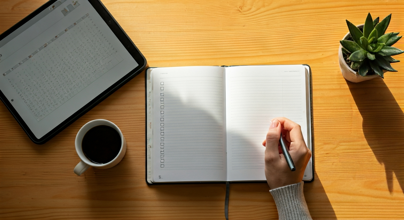 A person marks a completed task in a habit tracker journal on a wooden desk with a tablet displaying a calendar. Sunlight illuminates the scene.