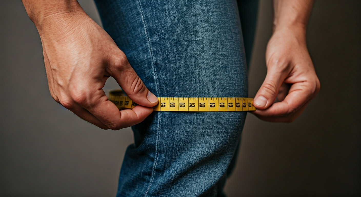 A close-up shot of a person using a yellow flexible tape measure to accurately measure their inseam, with the text "INSEAM TOOLS" visible on a neutral background.