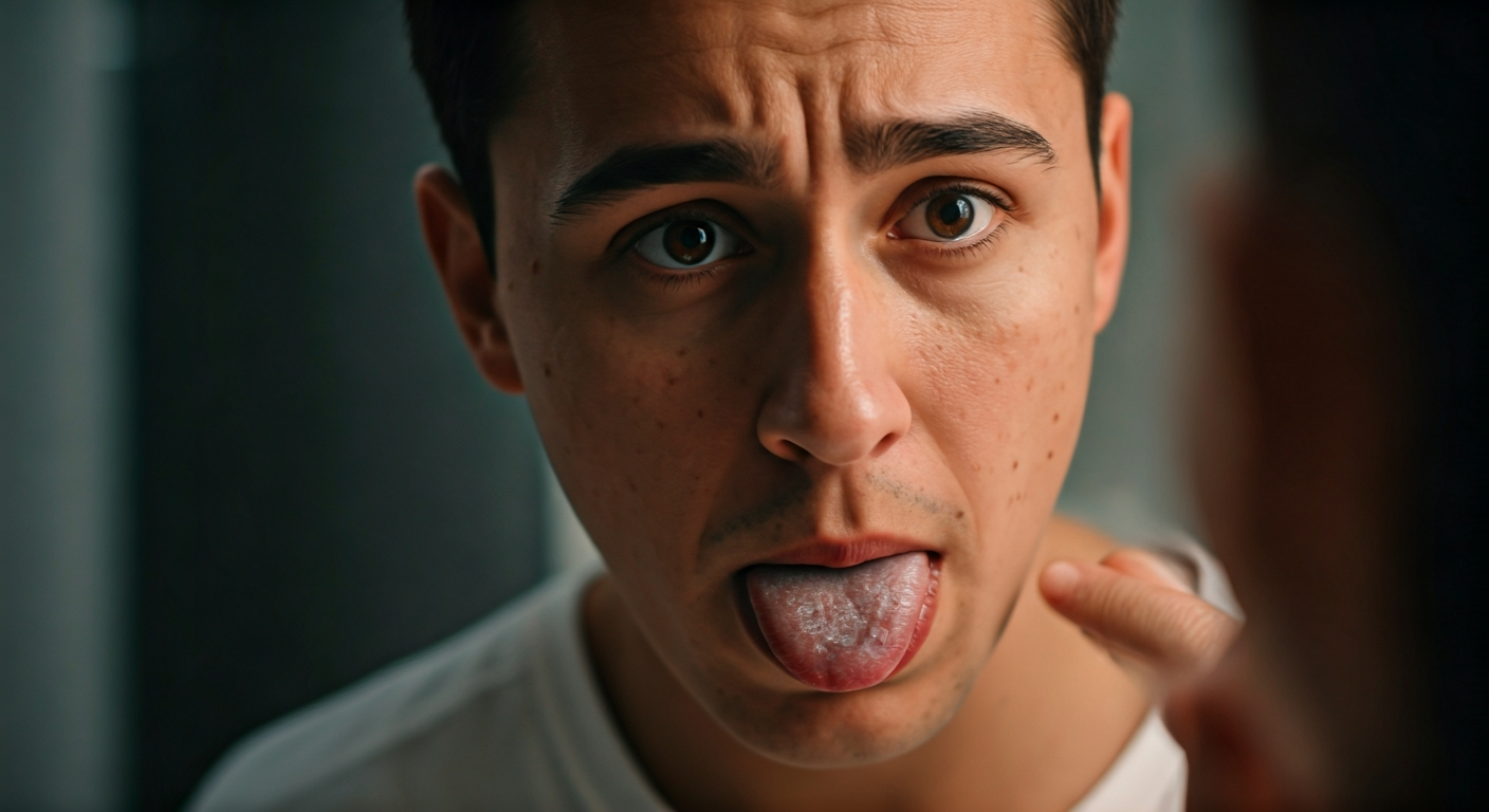 A person examines their tongue in a mirror, which shows a slight white coating, reflecting concern about oral health.