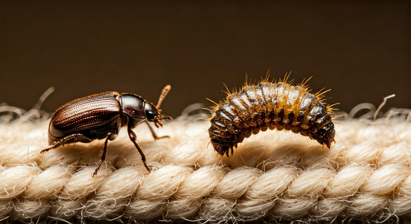 A small brown carpet beetle adult and its bristly larva on a section of damaged wool carpet, illustrating an active infestation.