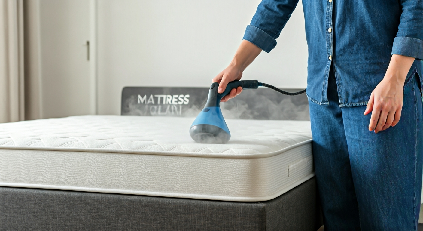 A person in a neutral-colored room carefully steam cleaning a white mattress with a handheld steam cleaner, with the words 'MATTRESS CLEAN' integrated into the image.