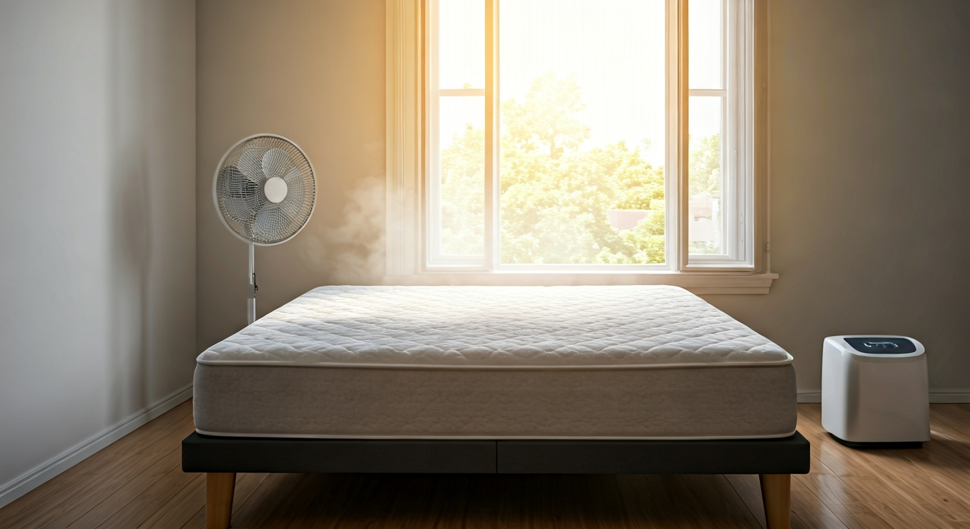 A mattress propped up to dry in a well-ventilated bedroom with a fan and open window. Sunlight streams into the room, illuminating the drying process.