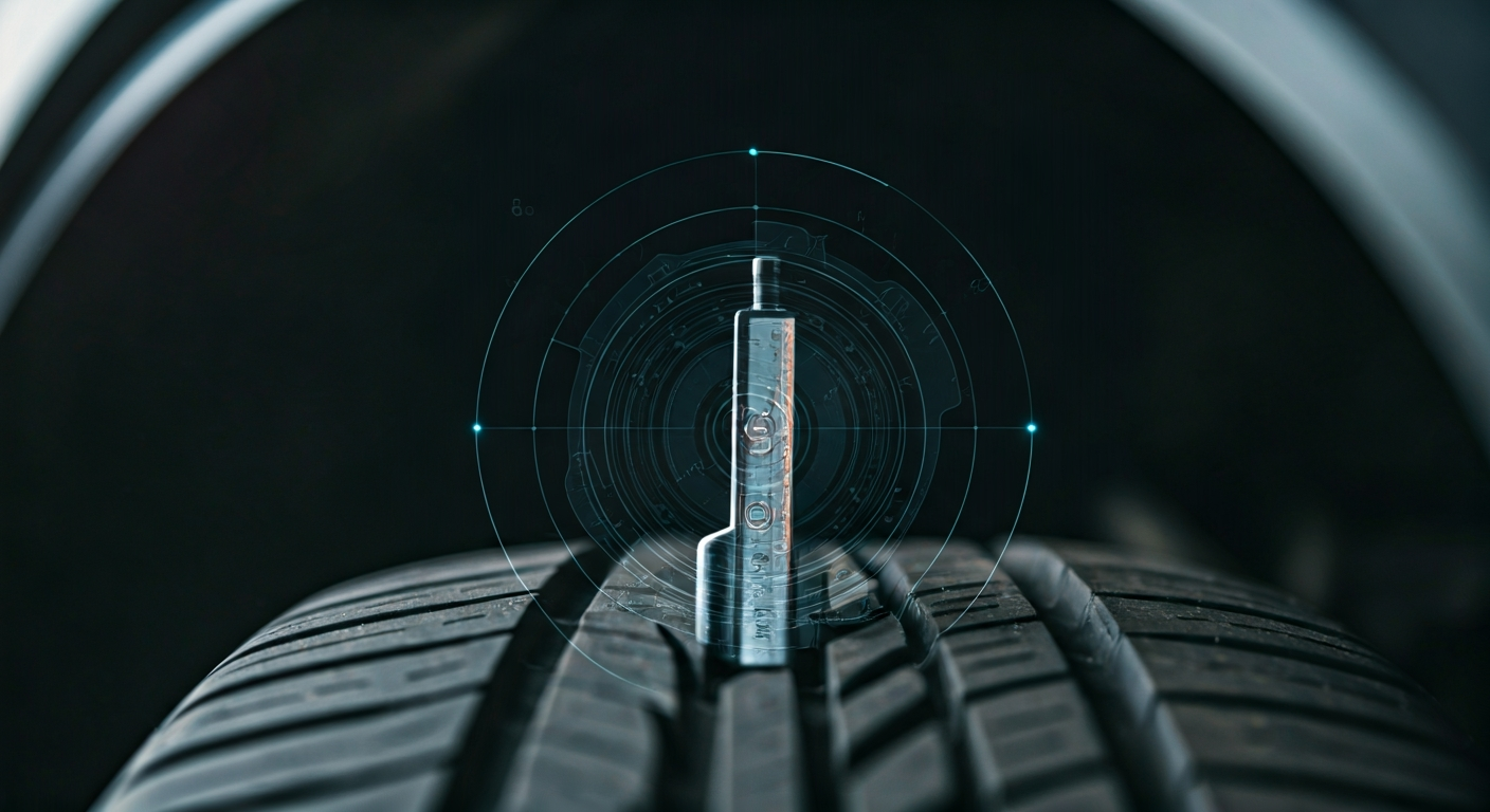 A close-up view of a car tire with a penny used to check tread depth, symbolizing tire wear measurement and replacement timing.
