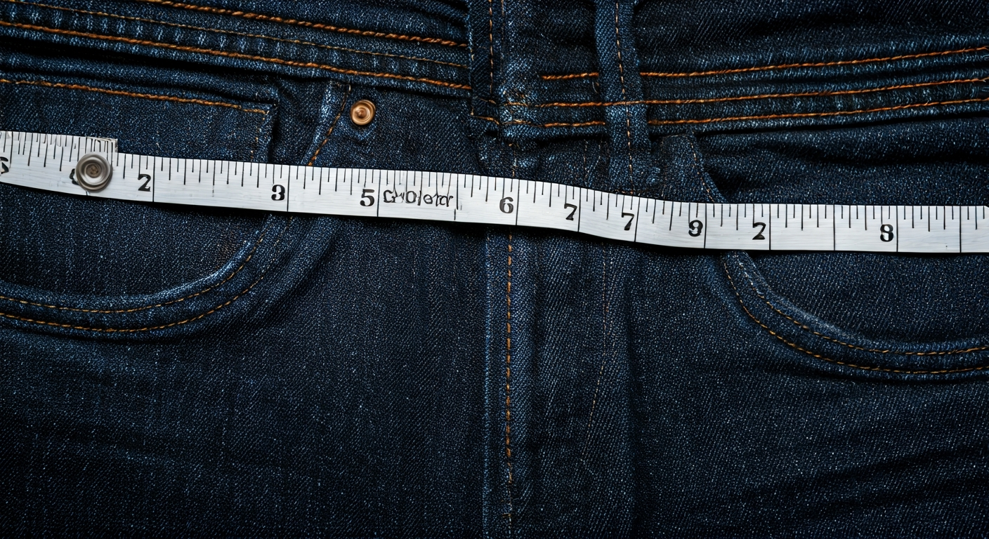 A tailor's flexible tape measure extending along the inner seam of a neatly folded pair of dark blue jeans, illustrating how to measure the inseam, with 'INSEAM FIT' text on the jeans.