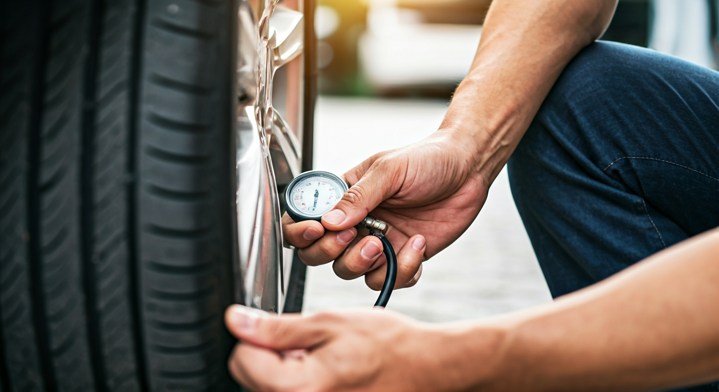 A person checking a car tire's pressure with a digital gauge, demonstrating a key step in preventing tire blowouts.