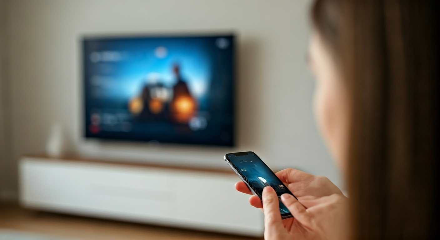 A hand holding a smartphone casting a video to a modern flat-screen television in a living room, illustrating wireless connectivity.