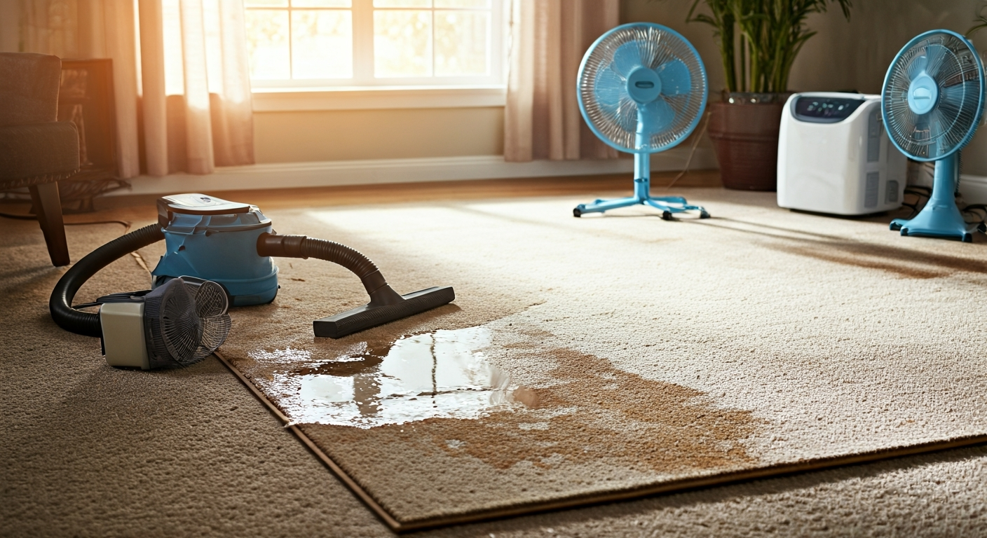 A homeowner uses a wet/dry vacuum to extract water from a damp carpet while multiple fans and a dehumidifier work to dry the area, with a lifted carpet edge showing the padding.