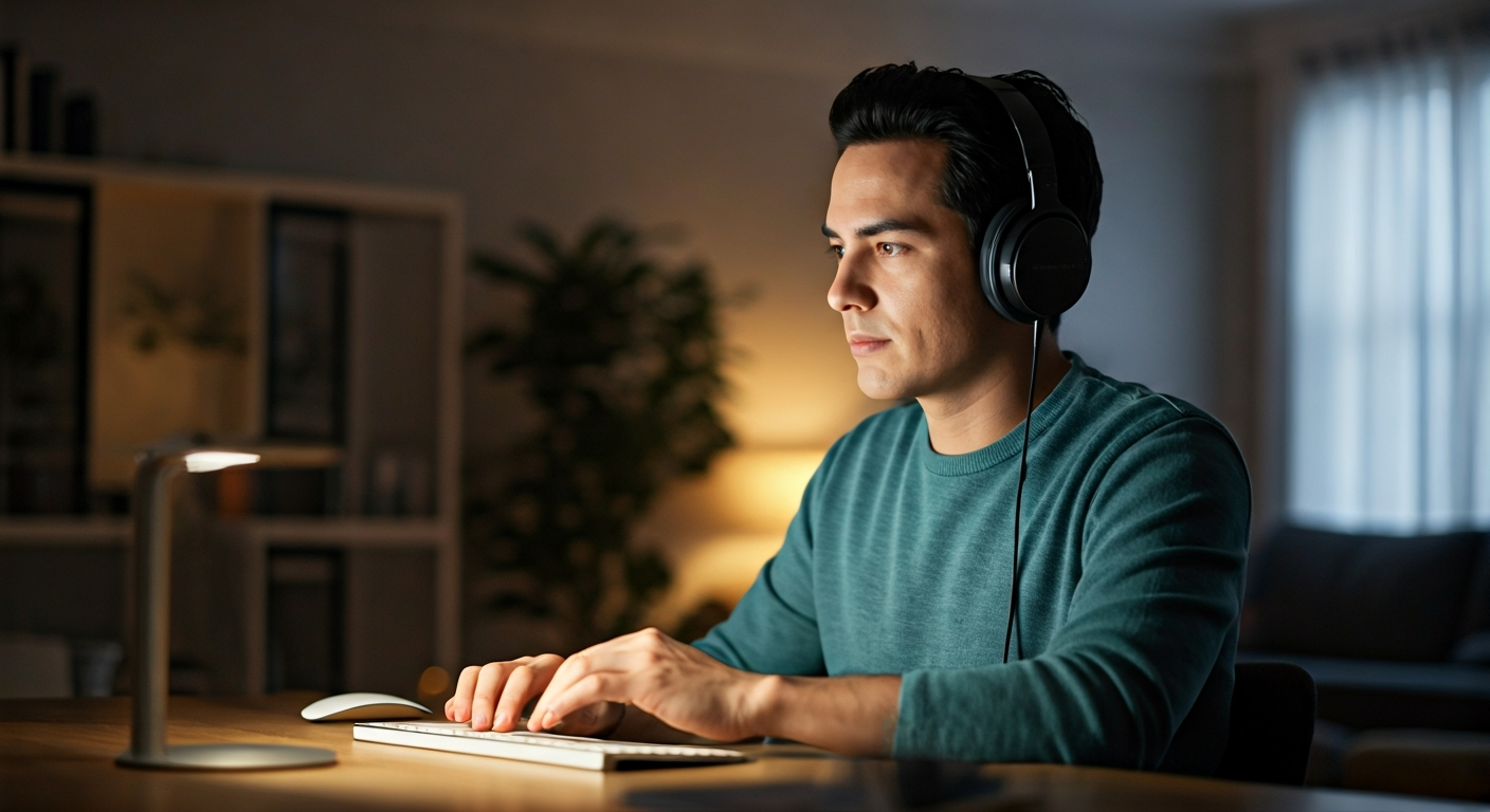 A person working with intense focus at a modern home office desk, wearing noise-canceling headphones, with a tidy workspace and a productivity timer nearby.