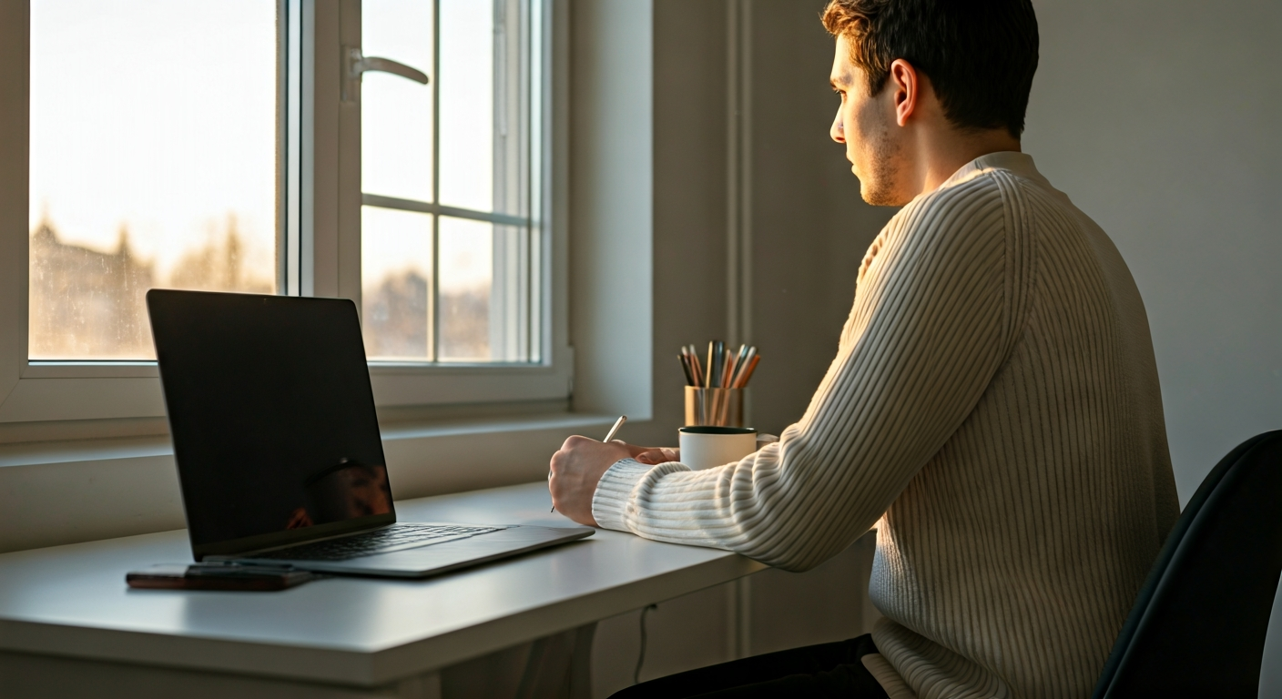 A person sitting at a bright, minimalist desk by a window with a soft sunrise, journaling or drinking coffee, depicting a calm and productive early morning routine.