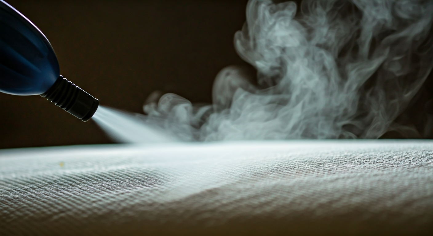 A close-up of a steam cleaner nozzle emitting steam into a mattress seam, targeting hidden pests.