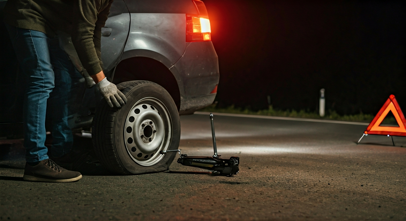 A person using a jack and lug wrench to change a flat tire on a car by the roadside, with hazard lights on and a reflective triangle.
