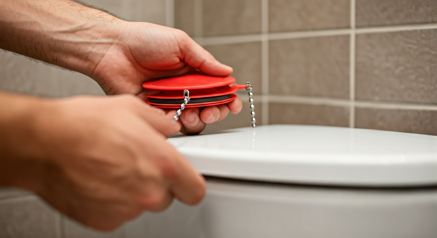A person's hands are shown clearly attaching a new red rubber toilet flapper to the flush valve inside an empty toilet tank, illustrating the replacement process.