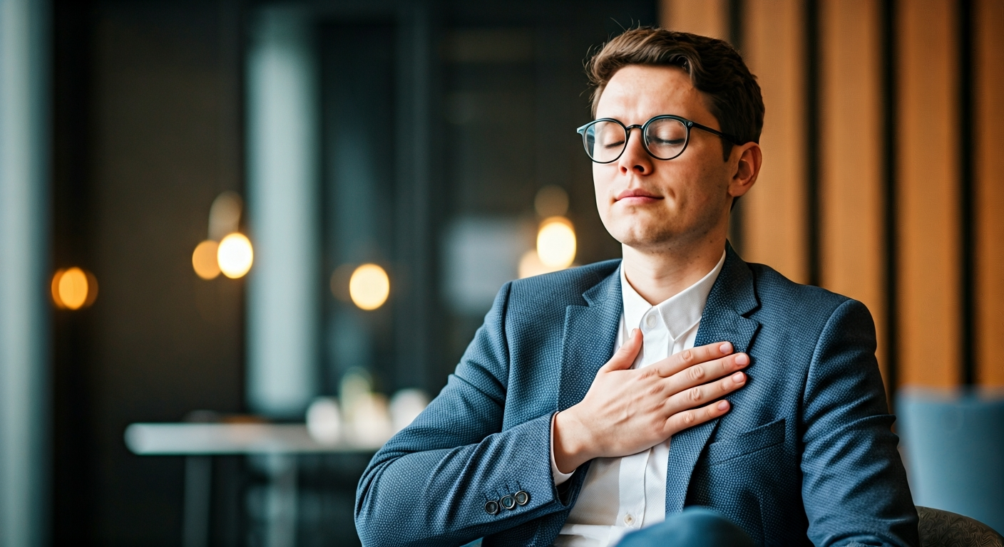 A person sits quietly in a public space, practicing a calming technique, eyes closed, hands relaxed, conveying inner peace and composure amidst potential stress.