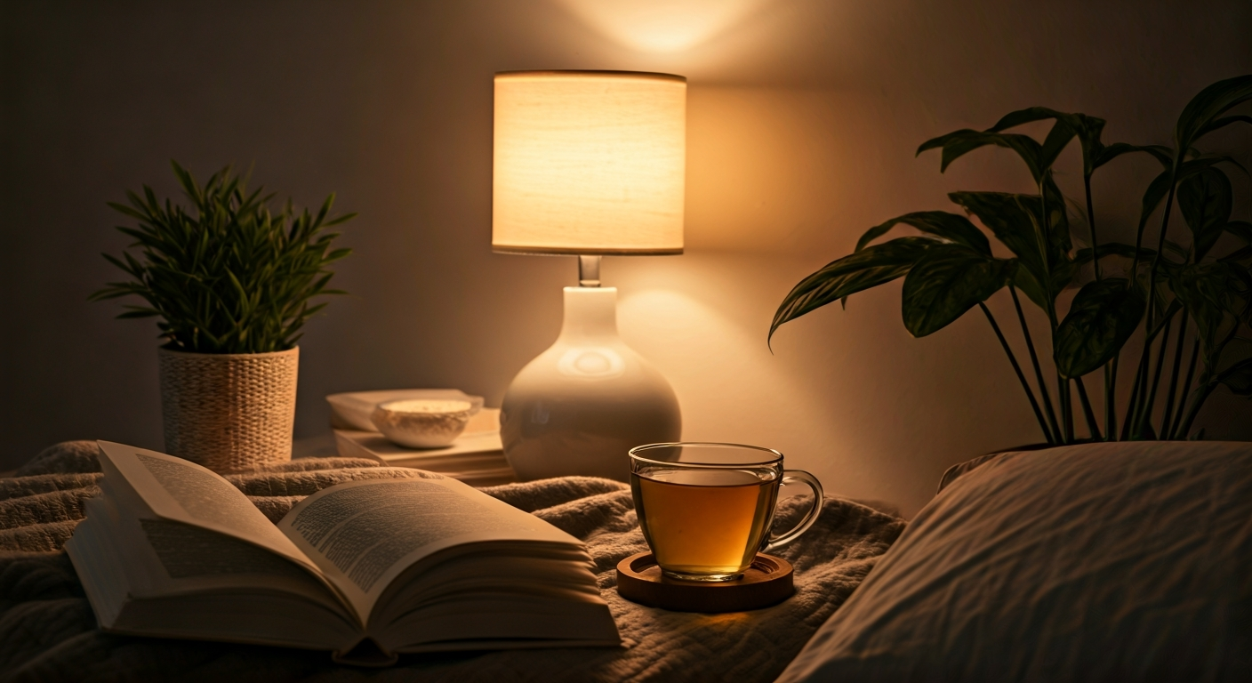 A tranquil bedroom at dusk with a bedside lamp emitting soft, warm light. A cup of herbal tea sits beside an open book on a cozy bed. The scene conveys peaceful relaxation before sleep.