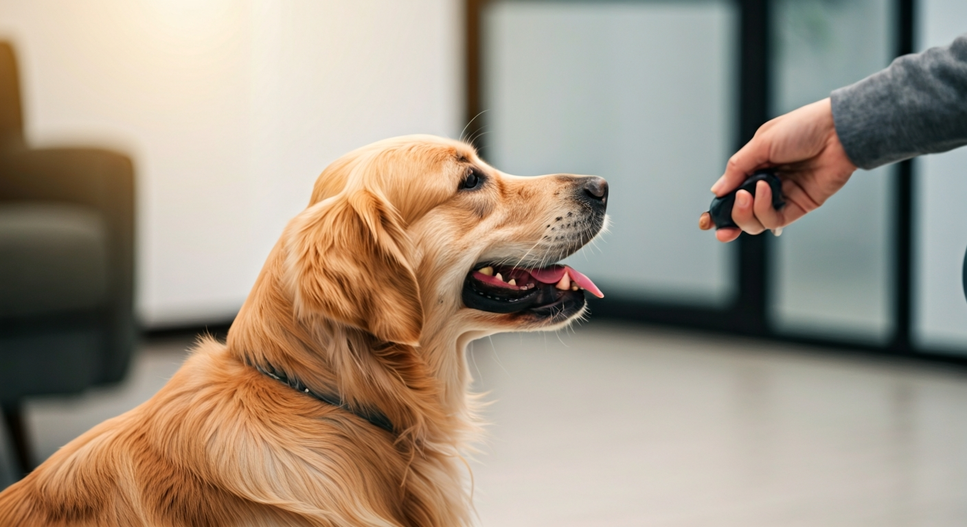 A person clicker training a golden retriever. The dog sits attentively, looking at the trainer who holds a clicker and a treat. A treat pouch is visible on the trainer's hip.