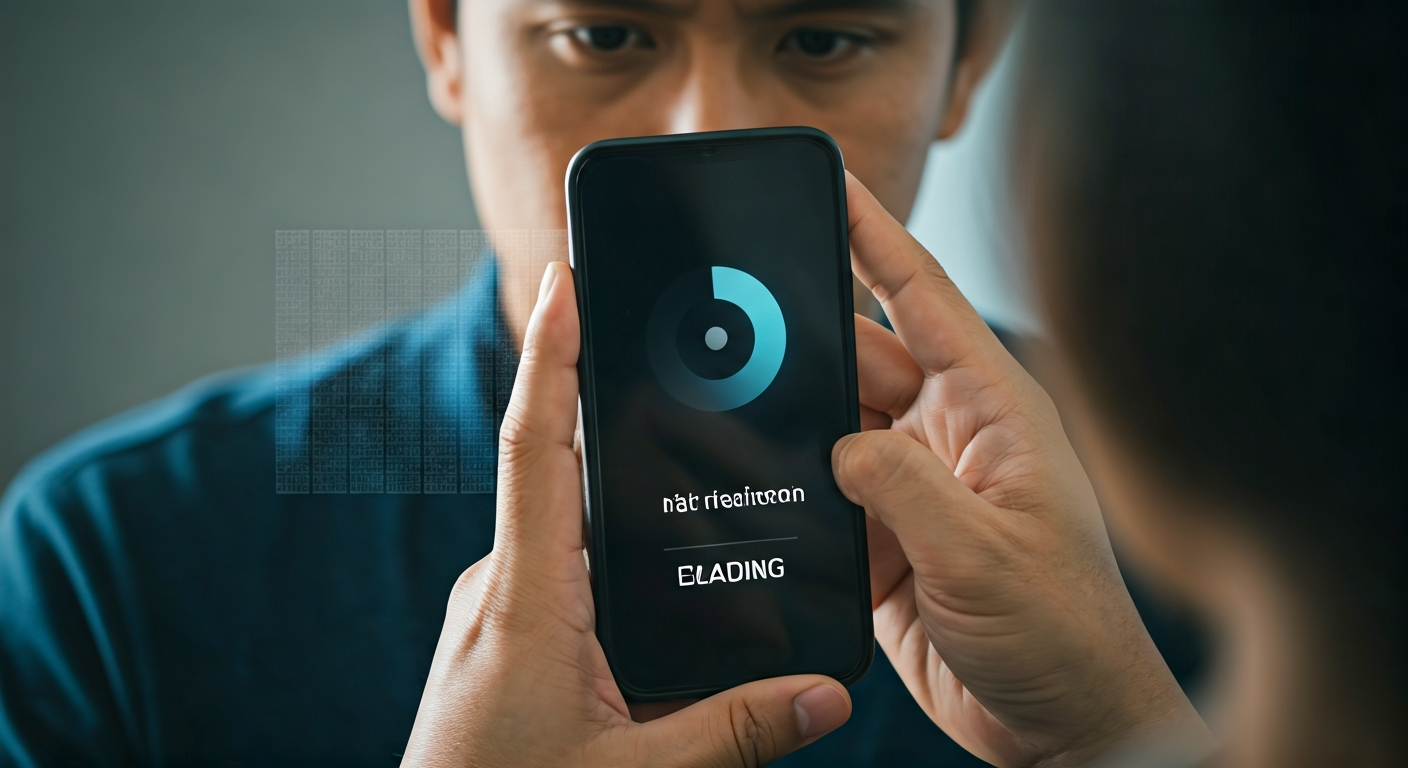 A frustrated individual holds a smartphone displaying a restart icon, symbolizing unexpected device reboots.