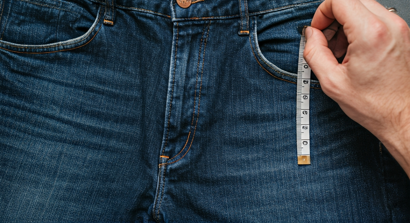 A close-up shot of a person accurately measuring the inseam of a pair of blue denim jeans laid flat on a neutral surface, with a fabric measuring tape stretching from the crotch seam to the bottom hem. The words 'INSEAM MEASURED' are subtly integrated into the image.