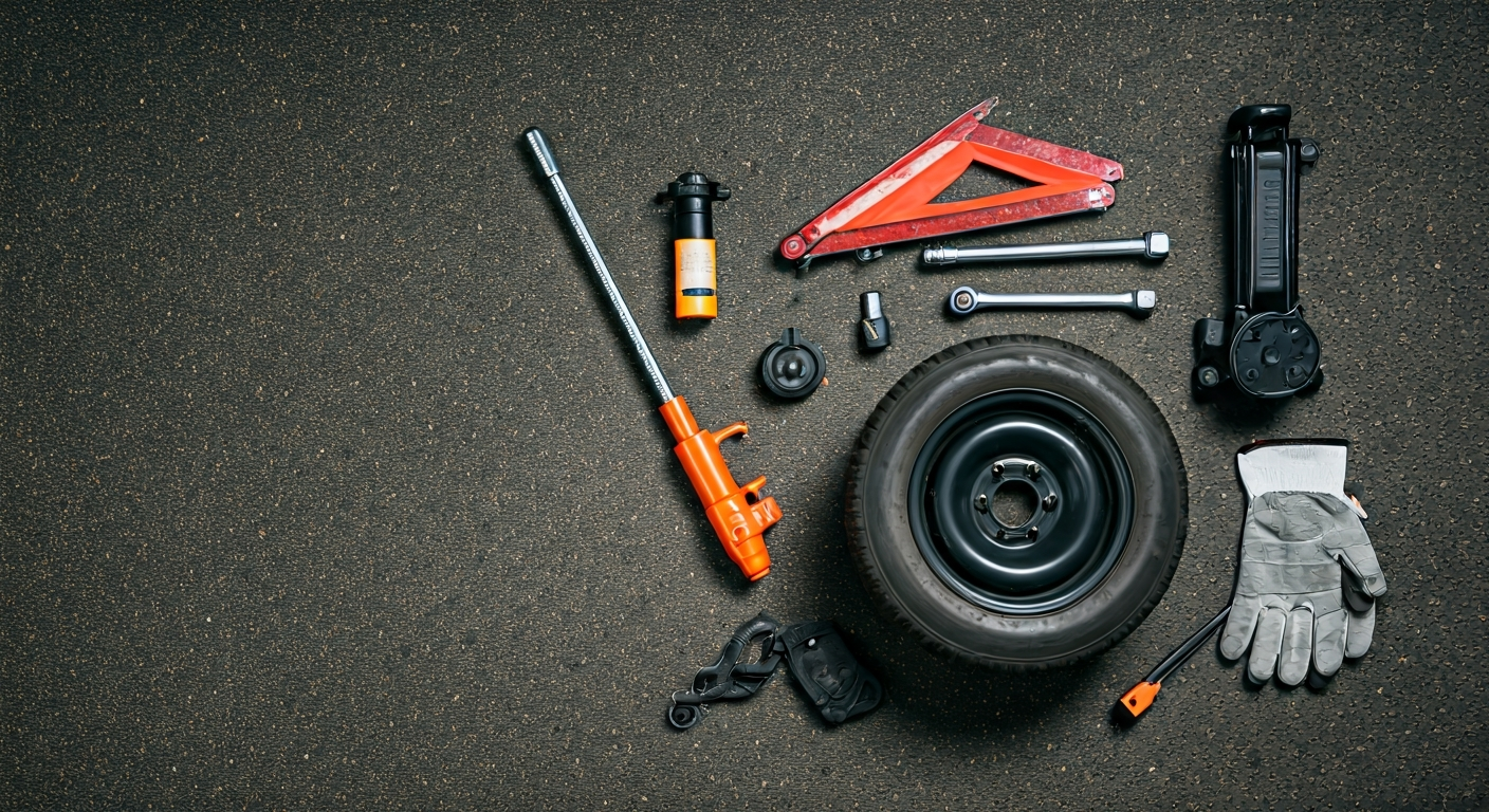 A flat lay of essential car tools for changing a tyre: a lug wrench, a car jack, a temporary spare tyre, work gloves, a reflective warning triangle, and a headlamp.
