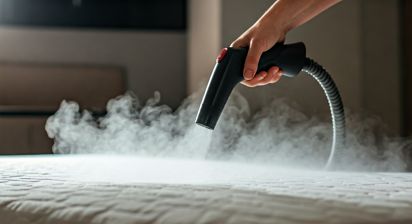 A close-up of a steam cleaner nozzle emitting steam onto a mattress, with the text 'Mattress Steam' subtly incorporated, highlighting the cleaning process.