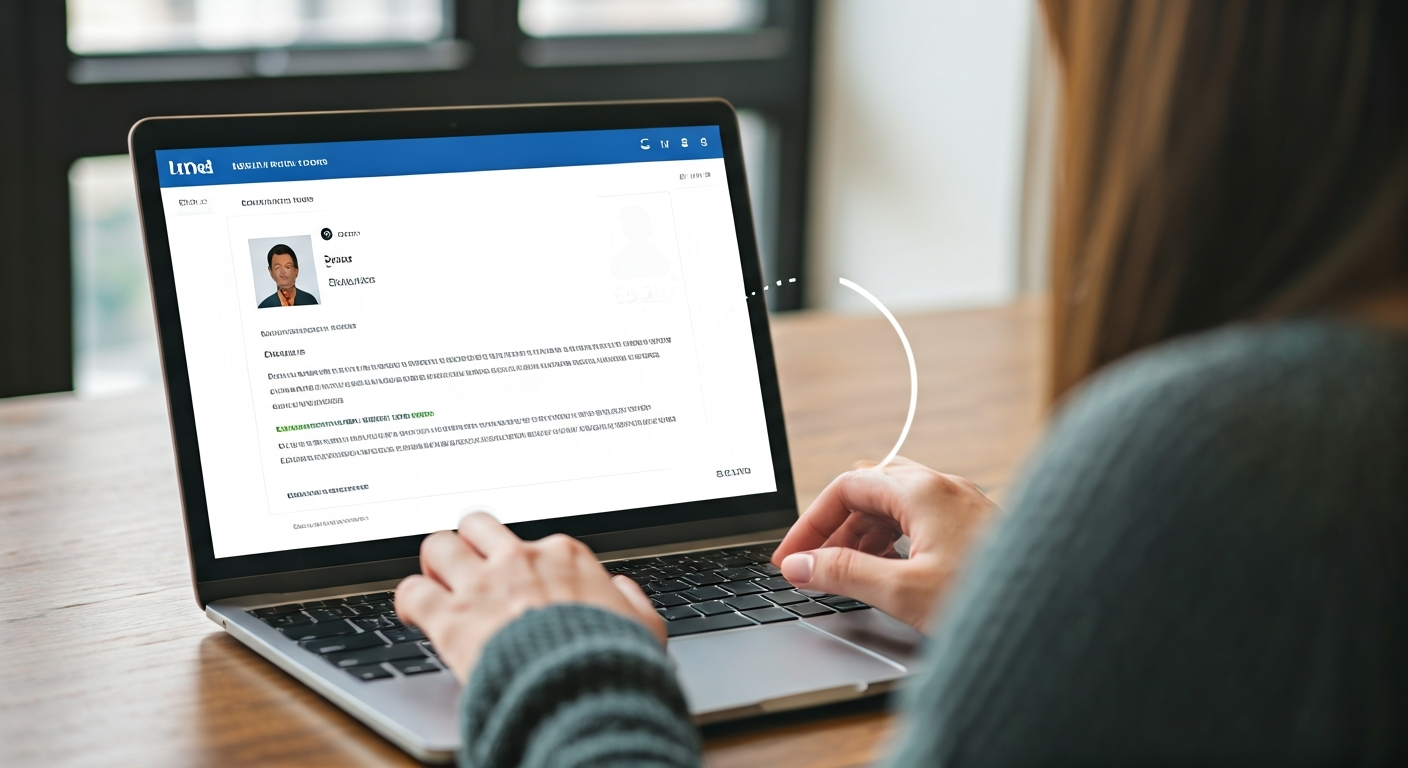 A person viewing their LinkedIn profile on a laptop, with a clock icon subtly integrated, indicating the waiting period for a recently added promotion to become visible to their network.