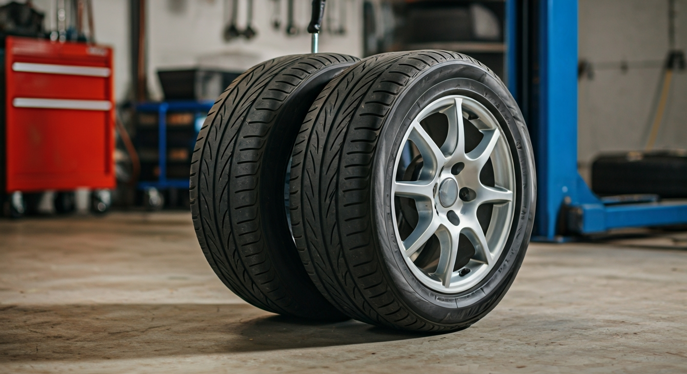 A car tire being rotated on a hoist in a garage, showing a close-up of the tread with a tire depth gauge.