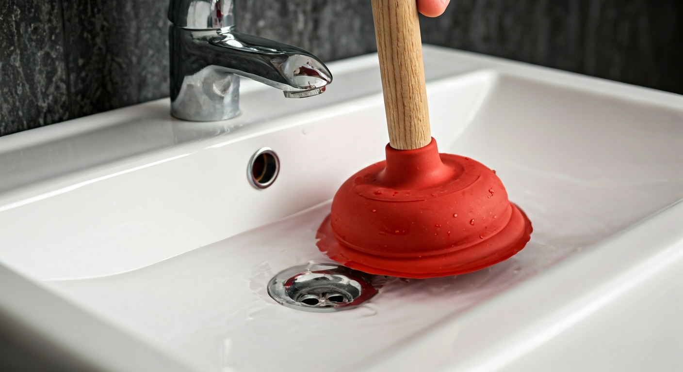 A person using a red plunger on a bathroom sink to clear a drain, with water partially filling the basin.