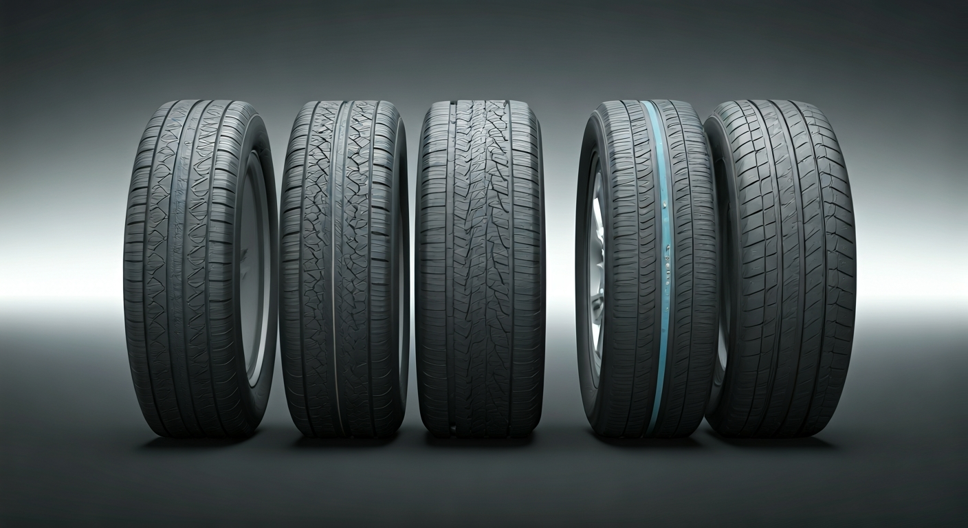 Visual representation of car tire types, including all-season, winter, and summer tread patterns, and a cross-section of a run-flat tire's reinforced sidewall.