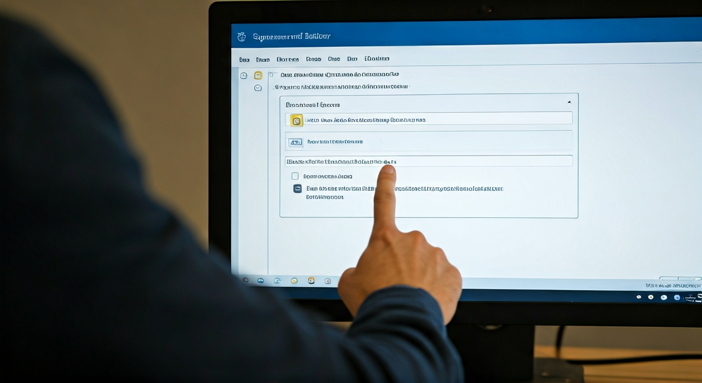 A hand points at an Outlook desktop application screen showing the email signature editor with example text and a logo placeholder.