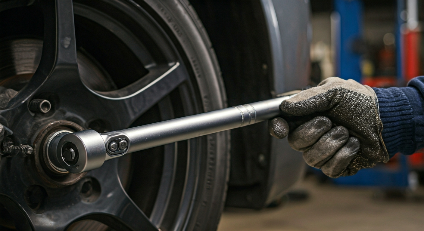 Hands in work gloves precisely tightening a car's lug nut on a black alloy wheel with a click-type torque wrench.