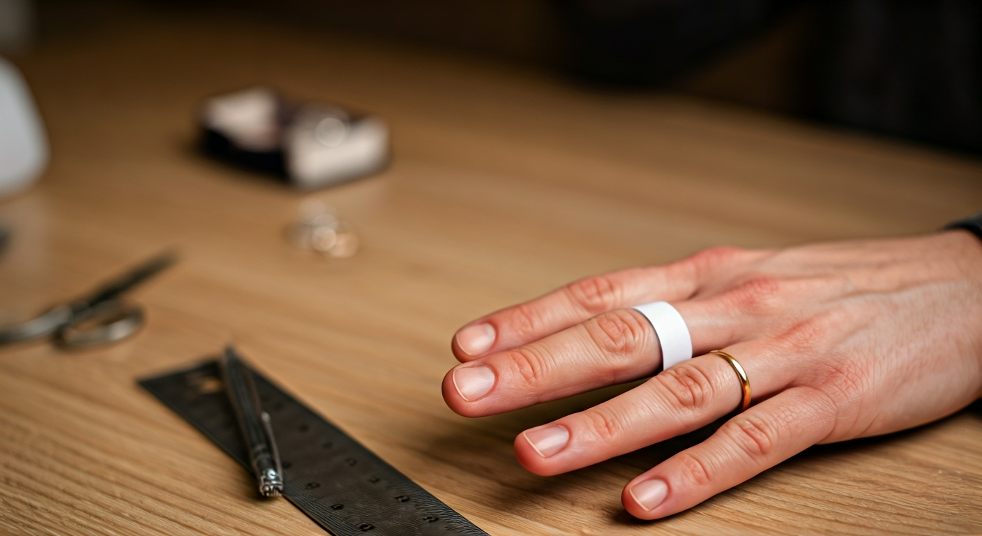 A person wrapping a white paper strip around their ring finger, preparing to mark it for home ring size measurement, with a ruler nearby.