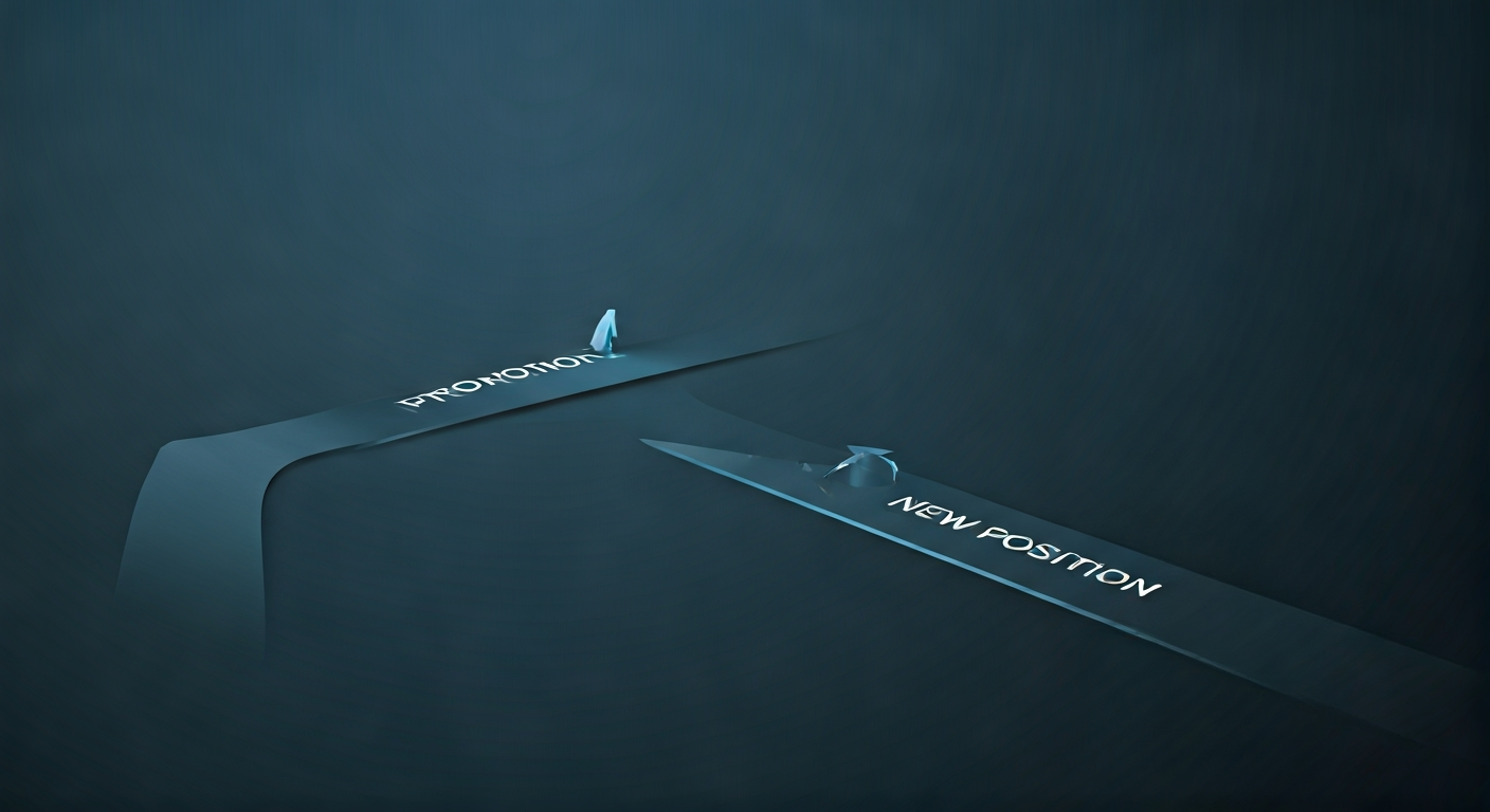 Visual representation showing two paths: an upward arrow within one company logo labeled 'Promotion,' and an arrow moving to a different company logo labeled 'New Position.'