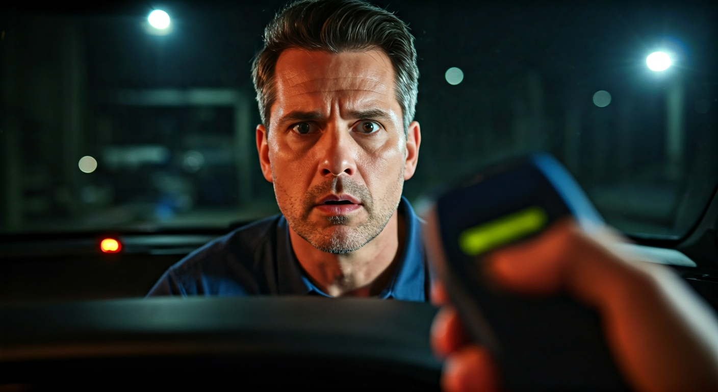 A driver looking worriedly at a car dashboard with an illuminated check engine light, with a mechanic's hand scanning for codes.