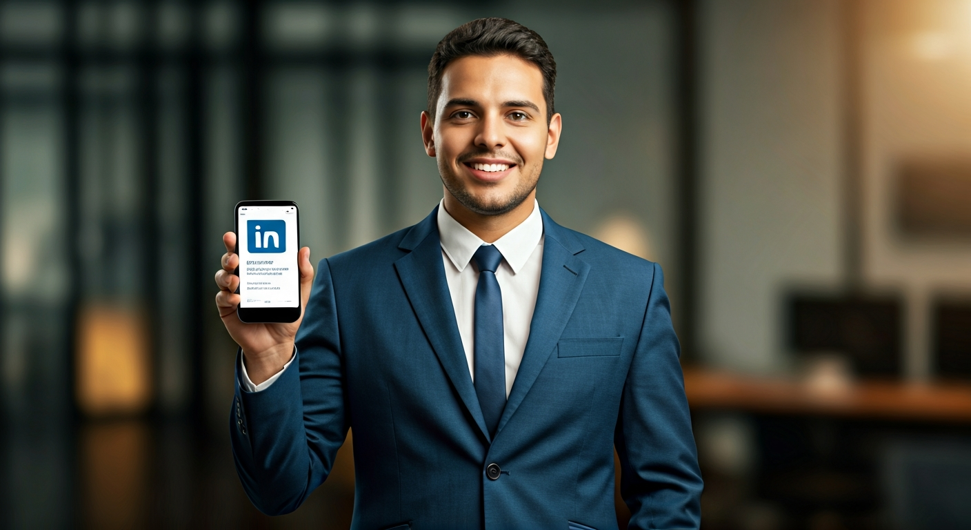 A smiling professional person holding a smartphone showing a LinkedIn promotion notification in an office setting.