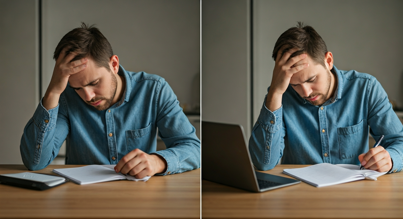 A person transitions from looking unmotivated with head in hands to reaching for a pen, ready to start work at a well-lit desk.