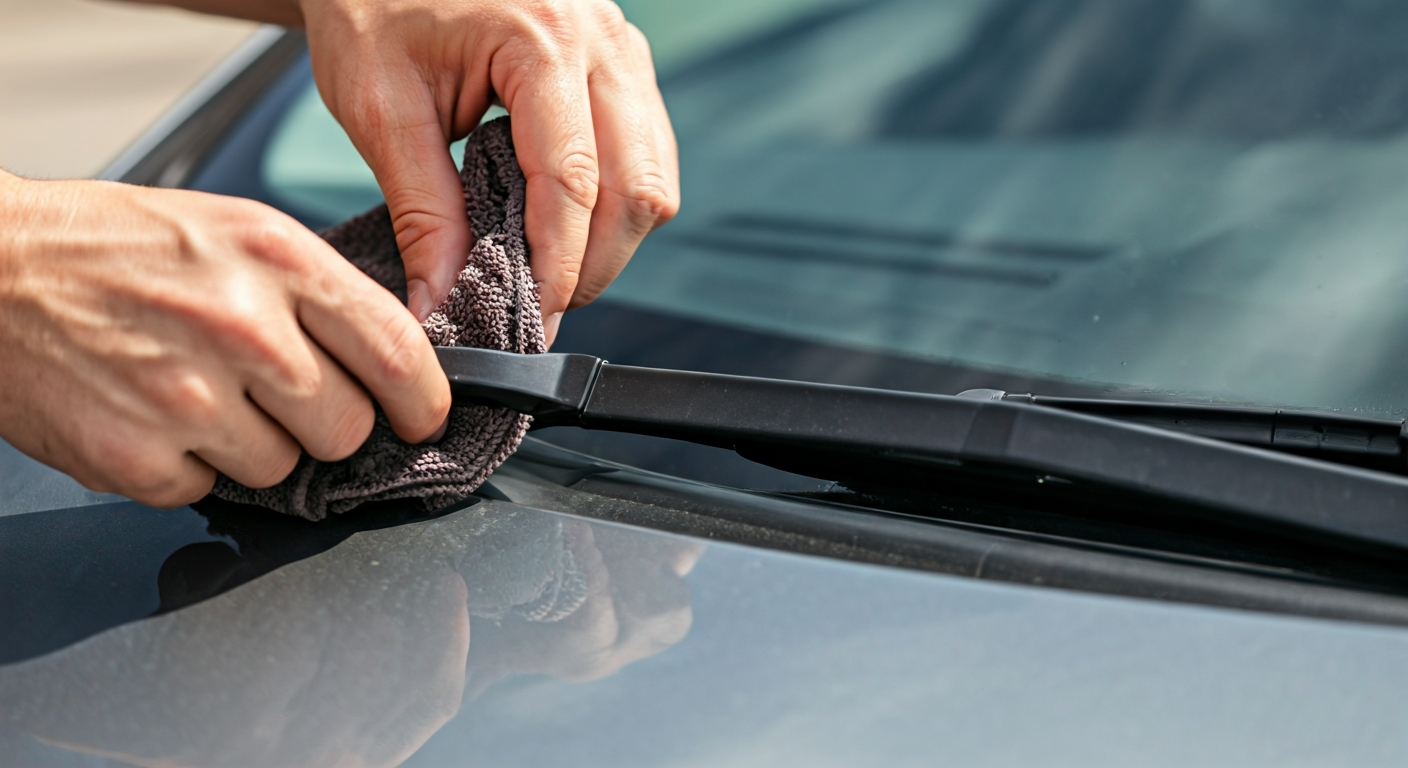 Hands carefully attaching a new black wiper blade to a car's wiper arm, with a protective towel on the windshield.