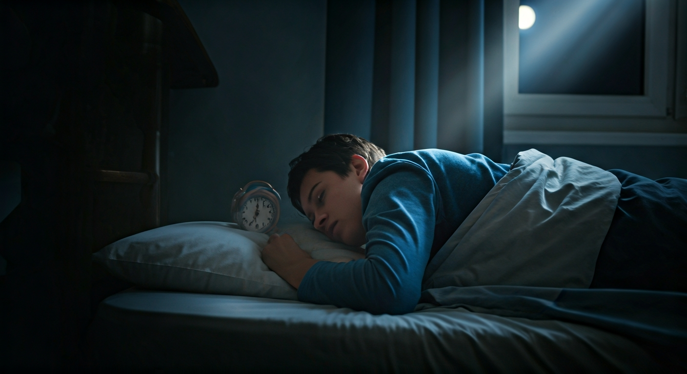 A person lies awake in bed at 3 AM, illuminated by moonlight, looking thoughtfully at the ceiling, indicating sleep disturbance.