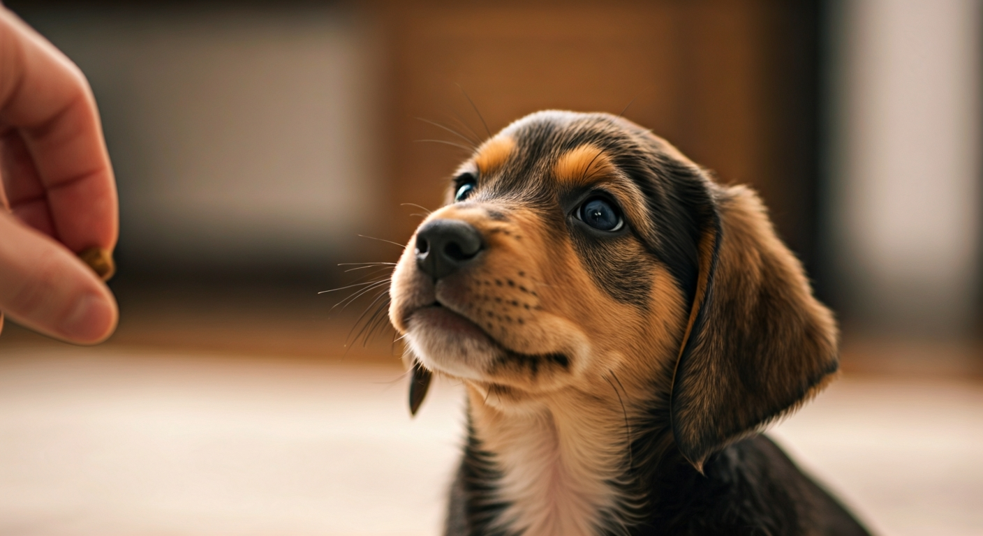A young puppy, looking intently at an outstretched hand offering a treat, symbolizing early positive reinforcement training.