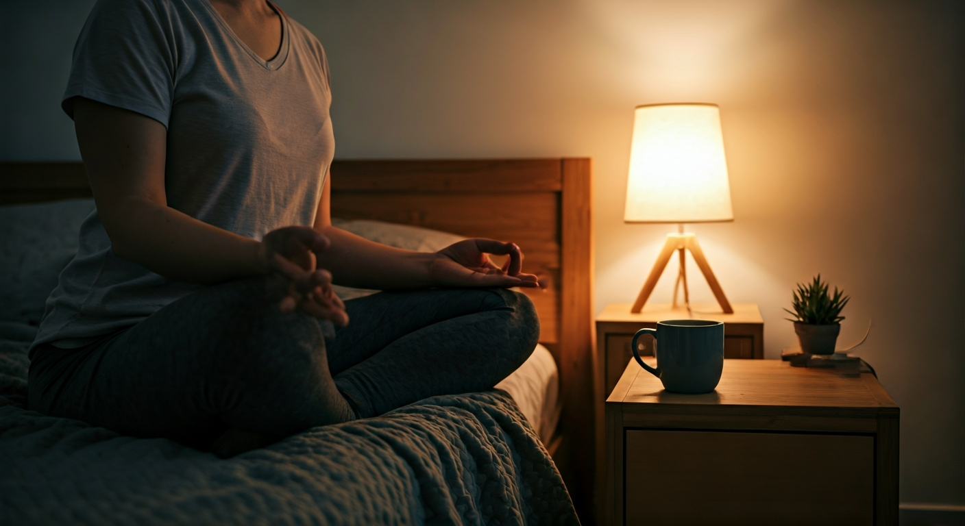A person practicing gentle evening stretches in a dimly lit, cozy bedroom, surrounded by soft lighting and a warm cup of herbal tea, symbolizing a peaceful end to the day.