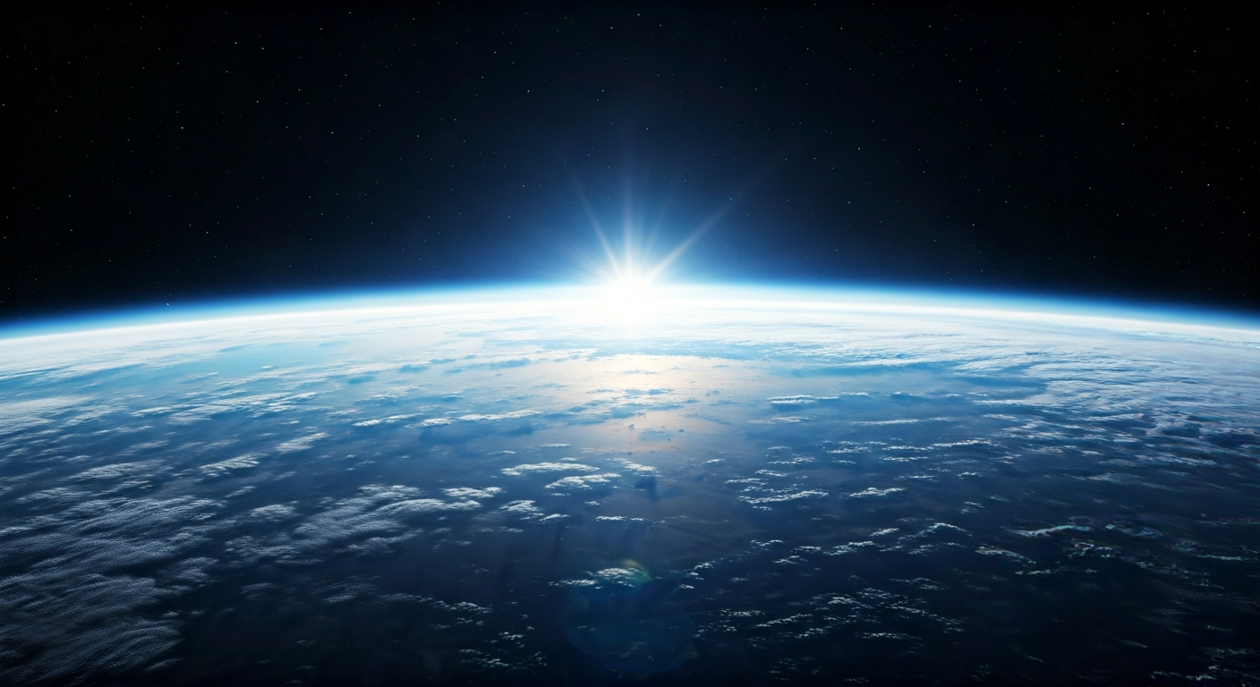 Earth's atmosphere glowing blue as sunlight scatters off nitrogen and oxygen molecules, contrasting with the blackness of space.