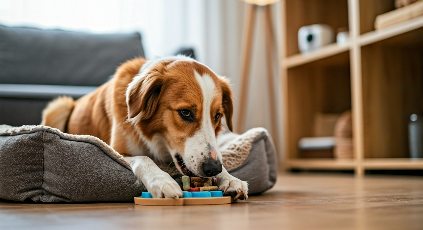 A calm mixed-breed dog chewing a treat-filled puzzle toy in a cozy living room, showing peaceful alone time.