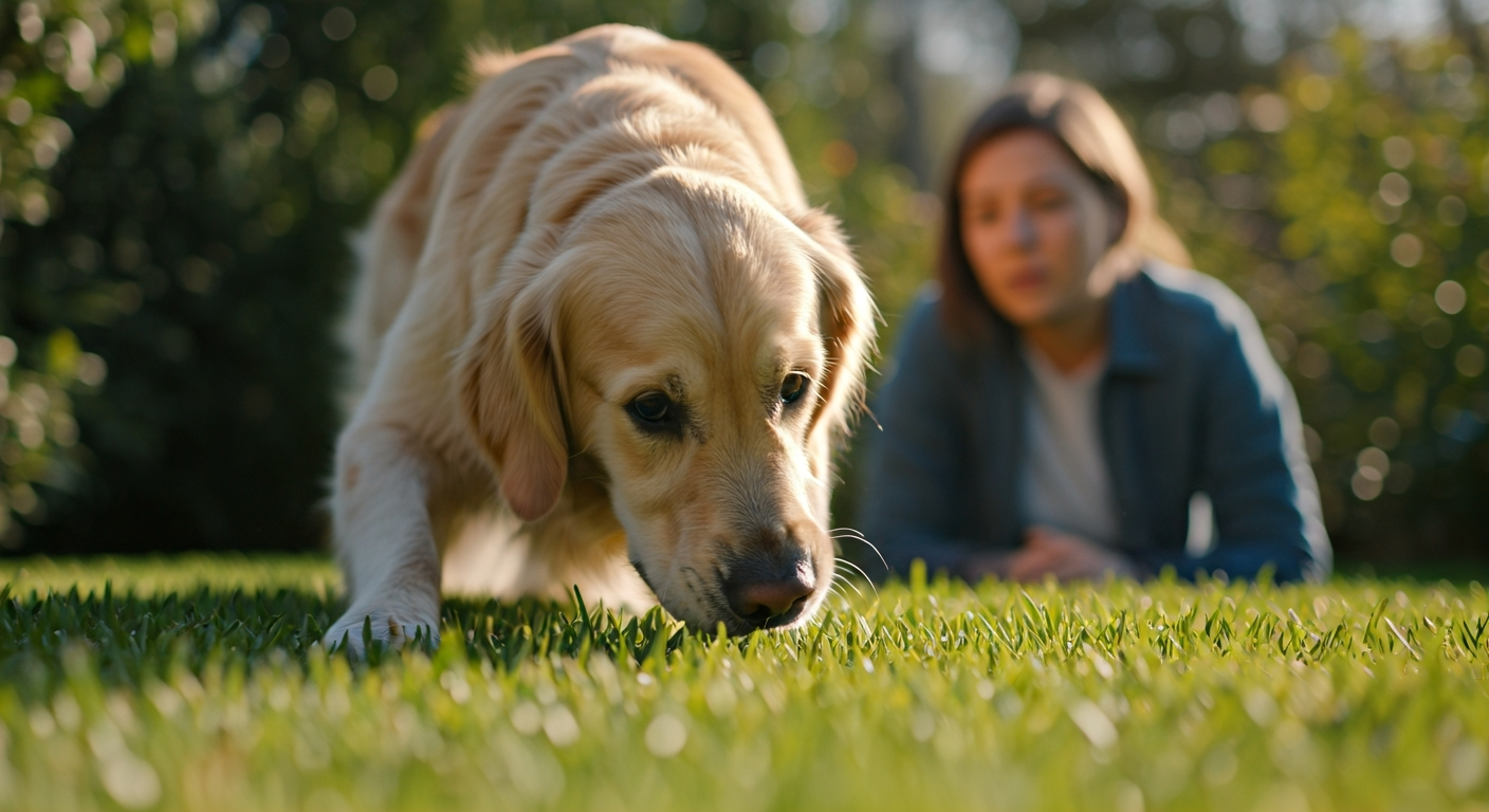 A golden retriever dog gently nibbling on a blade of green grass in a sunlit backyard, with its owner watching.